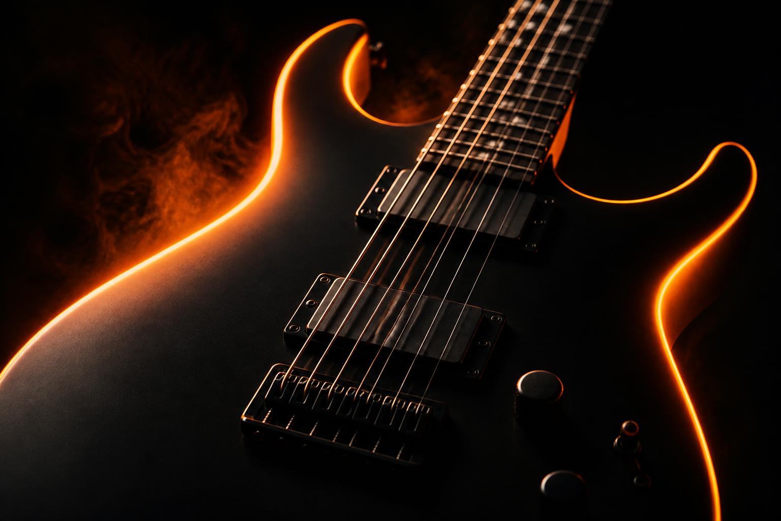 Guitarra eléctrica negra iluminada con luz neón naranja